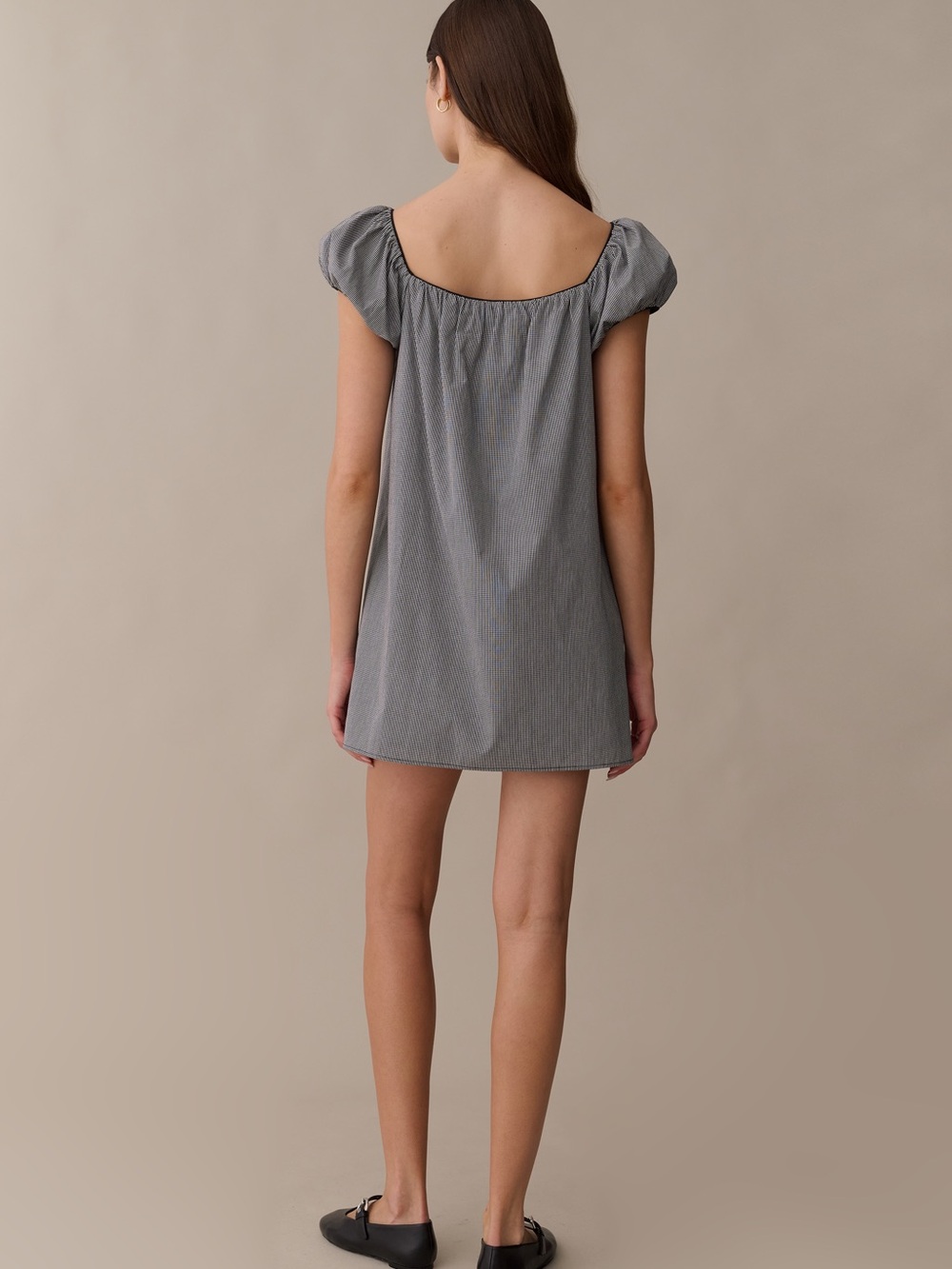 Kourt Few Moda Nya Cotton Mini Dress Black White Gingham Puff-Sleeve NWT - Picture 3 of 7